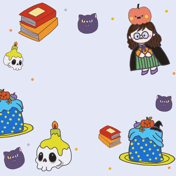 Buona Collezione Halloween Con Zucche Simpatici Fantasmi Infantili Pipistrelli Magia — Foto Stock