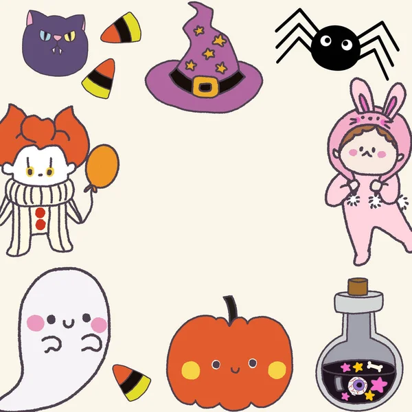 Buona Collezione Halloween Con Zucche Simpatici Fantasmi Infantili Pipistrelli Magia — Foto Stock