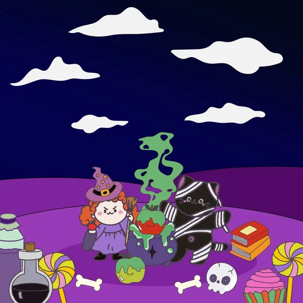 Happy Halloween Collectie Met Pompoenen Schattige Kinderlijke Geesten Vleermuis Magie — Stockfoto