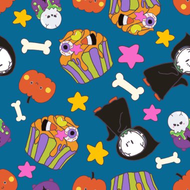 Kusursuz Cadılar Bayramı şablonu. Cadılar Bayramı partisinin dijital klibi. Cadı, canavar, hayalet, yarasa, kara kedi ve balkabağı. Karakter karikatürü tekrar deseni karala.