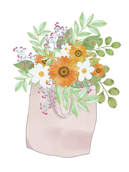 Flower and plant sweet love bouquet valentines Flowers watercolor illustration sunflower,gerbera,daisy, rose, aster, leaves and plants for background, pattern and wallpaper