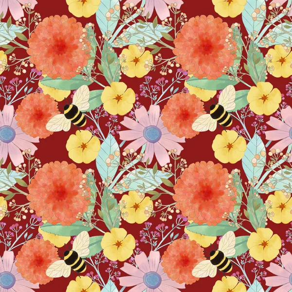 Wiese Wildblumen Honigbiene Aquarell Nahtlose Muster Bienenblütenwaben Dekoratives Ornament Illustration — Stockfoto