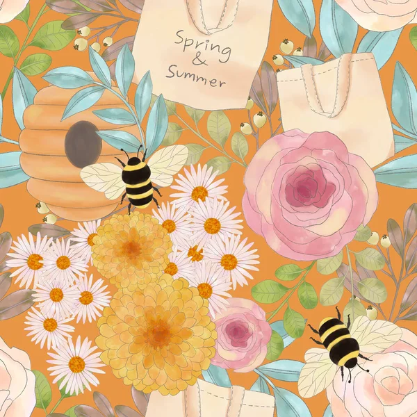 Meadow Wildflower Honeybee Watercolor Seamless Pattern Bee Flower Honeycombs Decorative — Stock Photo, Image