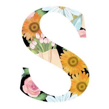 Alfabe Üst Davası Numarası: Çiçek açan münferit elementler logo, davetiye, moda kumaşı, düğün kartı için izole edilmiş. 