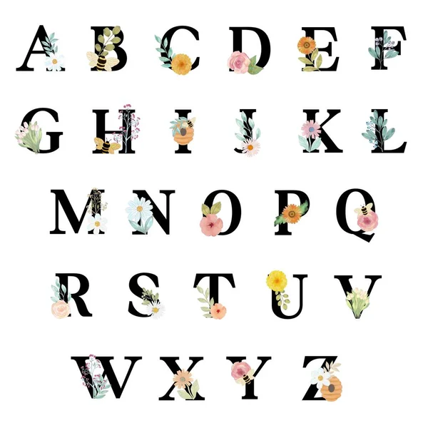 Alfabet Duże Litery Liczba Pojedynczych Elementów Kwitną Kwiaty Odizolowane Logo — Zdjęcie stockowe