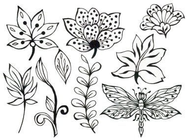 Soyut el çiçek yapraklarını çizer kelebek böceği ve el sallar, demet desenli desenli desenli desenli desenli desenli desenli ya da Arapça, beyaz arka planda Rusya sanat unsuru 