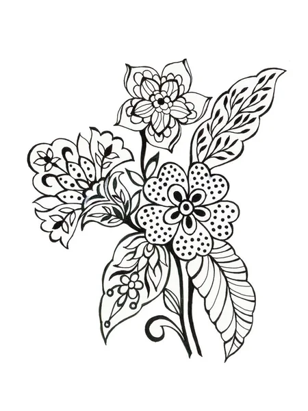 Abstrait Main Dessiner Fleurs Feuilles Papillon Insecte Vague Bouquet Doodle — Photo
