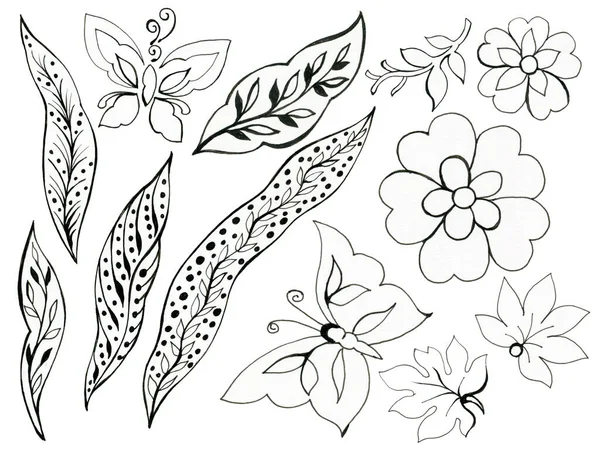 手绘图解指甲花纹身元素和花束为您的设计纺织品 装饰纸 剪贴画 — 图库照片