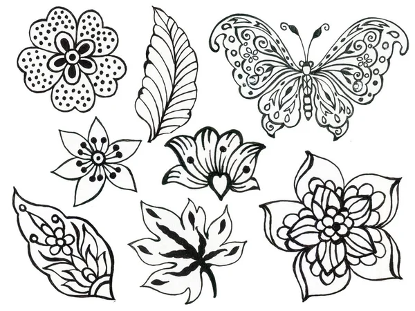 Abstracto Mano Dibujar Flores Hojas Mariposa Insecto Ola Ramo Garabatos —  Fotos de Stock