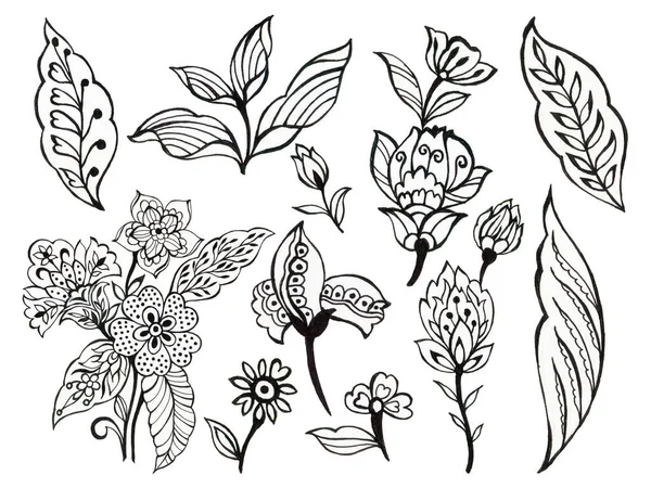 Abstrakte Hand Zeichnen Blume Blätter Schmetterling Insekt Und Welle Doodle — Stockfoto
