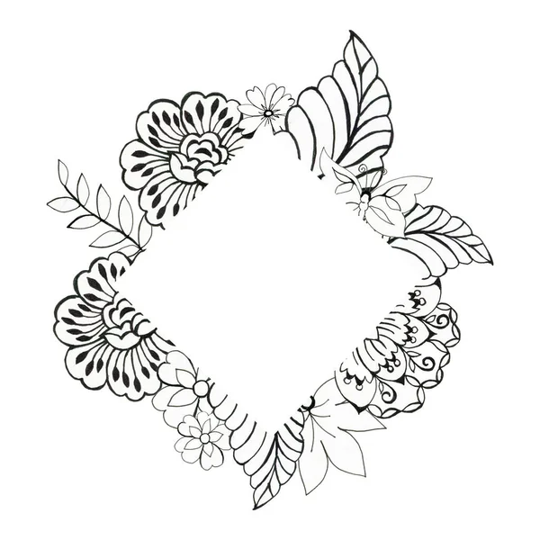 Çizimi Resimli Doğulu Batik Sarong Çiçek Yaprakları Siyah Beyaz Ana — Stok fotoğraf