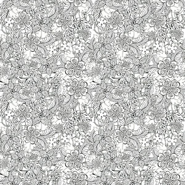 Preto Branco Esboço Padrão Sem Costura Fundo Floral Flores Plantas — Fotografia de Stock