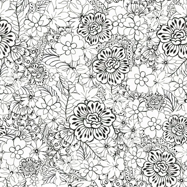 Black White Outline Seamless Pattern Floral Background Flowers Wallpaper Plants — Stock Photo, Image