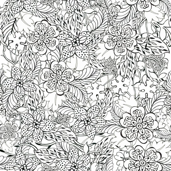 Czarno Biały Zarys Bezszwowy Wzór Kwiatowe Tło Kwiaty Tapety Rośliny — Zdjęcie stockowe