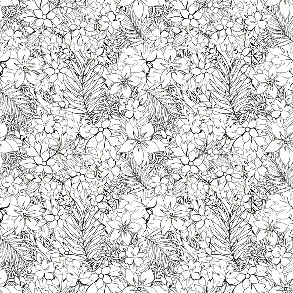 Black and White outline seamless pattern Floral background Flowers wallpaper  plants on white background Drawn decorative flowers pattern. Design for home decor, fabric, carpet, wrapping, card hand drawn