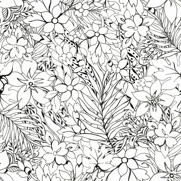 黑色和白色的轮廓无缝图案花卉背景墙纸植物白色背景画装饰花卉图案 家居装饰 包装材料 卡片手绘设计 — 图库照片