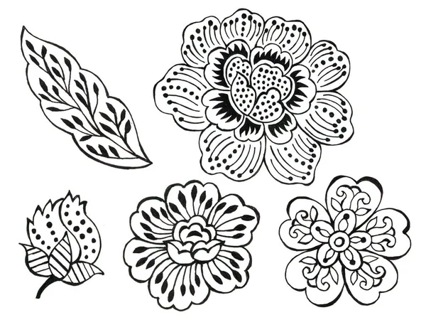 Folhagem Floral Folhas Arte Ilustração Preto Branco Esboço Batik Sarong — Fotografia de Stock