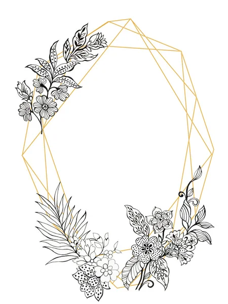 Zarys Kwiat Bukiet Ogród Azjatycki Batik Boho Liście Pióra Złoty — Zdjęcie stockowe