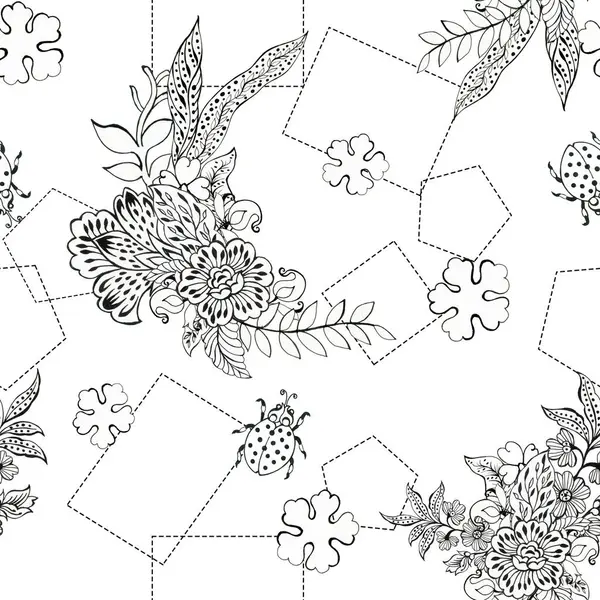 黒と白のアウトライン シームレスなパターン 花の背景 白い背景に壁紙の植物 描かれた装飾的な花のパターン 家の装飾 カーペット 包むこと 引かれるカード手のための設計 — ストック写真
