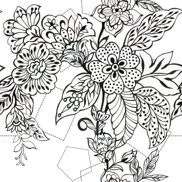 黒と白のアウトライン シームレスなパターン 花の背景 白い背景に壁紙の植物 描かれた装飾的な花のパターン 家の装飾 カーペット 包むこと 引かれるカード手のための設計 — ストック写真