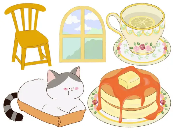 Cat and cafe coffee with tea drink beverage relaxing rest drawing illustration digital clipart