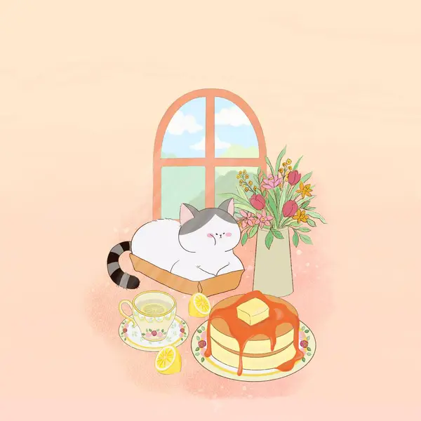 Kot Kawiarnia Kawa Napojem Herbata Relaks Reszta Rysunek Ilustracja Cyfrowy — Zdjęcie stockowe