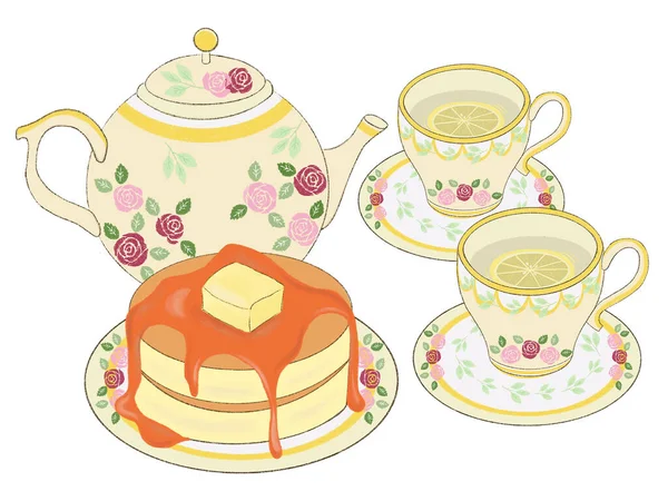 Pancake Snack Porcelain Teacup Teapot Lemon Tea Herbal Aroma Healthy — Stock Photo, Image