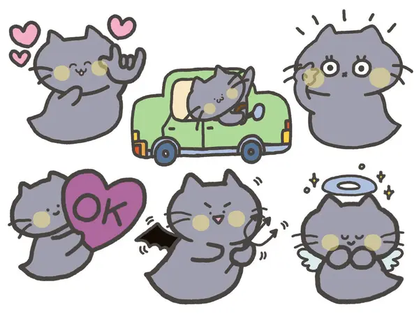 神秘可爱猫灰色卡通画插图涂鸦元素隔离字符贴纸 情感数字小集团 — 图库照片