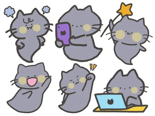 Tajemnica Cute Cat Szary Kolor Kreskówki Rysunek Ilustracja Elementy Doodle — Zdjęcie stockowe