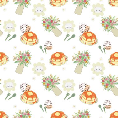 Kedi ve Kafe pürüzsüz desenli tatlı pastane çiçekli botanik dijital klişe çizimi