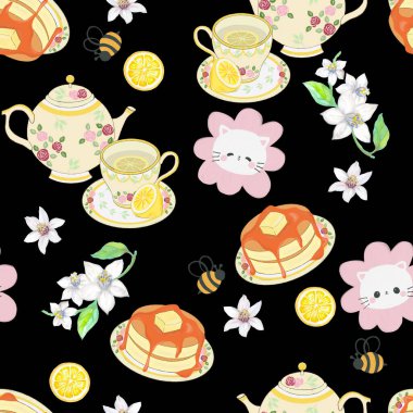 Kedi ve Kafe pürüzsüz desenli tatlı pastane çiçekli botanik dijital klişe çizimi