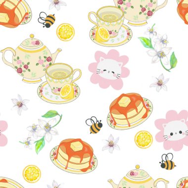 Kedi ve Kafe pürüzsüz desenli tatlı pastane çiçekli botanik dijital klişe çizimi