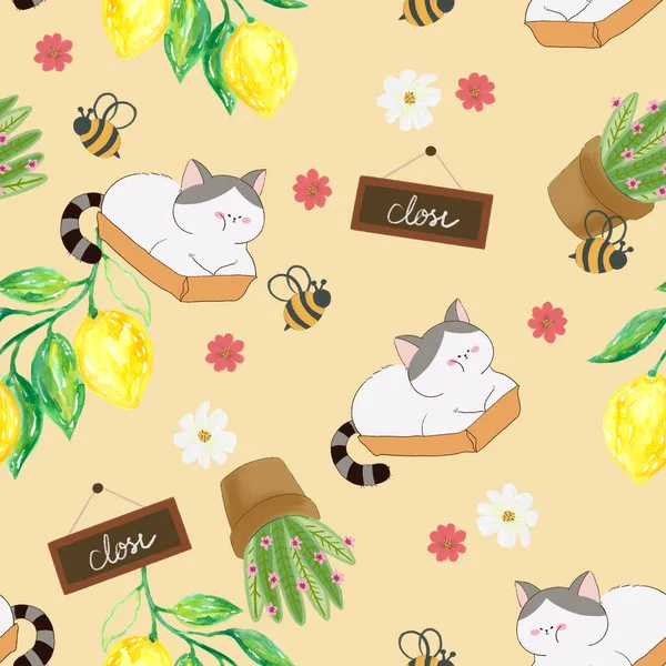 Cat Cafe Безшовний Візерунок Солодкий Хлібобулочний Квітучий Ботанічний Цифровий Кліпарт — стокове фото