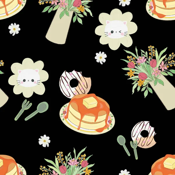 猫とカフェのシームレスなパターン甘いパン屋の花の植物のデジタル クリップのイラスト — ストック写真
