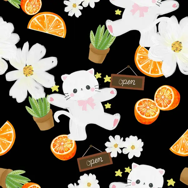 Cat Cafe Seamless Pattern Sweet Bakery Blossom Botanical Digital Clipart — Stock Photo, Image