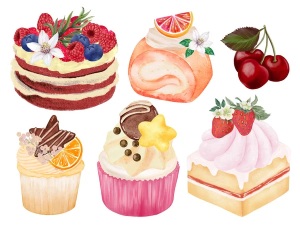 水彩画图为标识 产品设计 小册子 图样设计了独立元素甜点面包店甜画图 — 图库照片