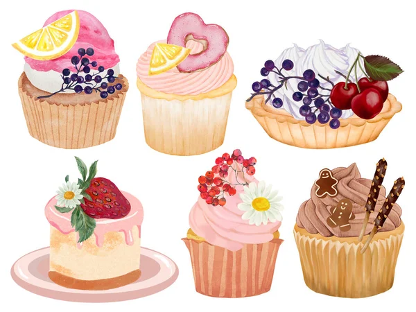 Akvarell Illustration Isolerade Element Dessert Bageri Söt Målning Ritning För — Stockfoto
