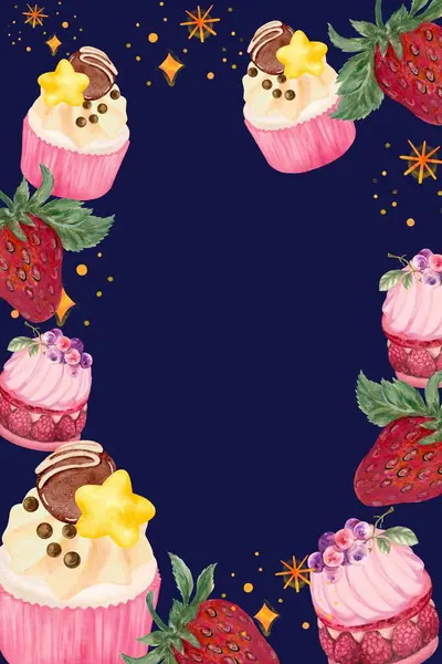 크림과 과일과 발렌타인 데이의 주제에 컵케이크 케이크 베이커리 디저트 — 스톡 사진