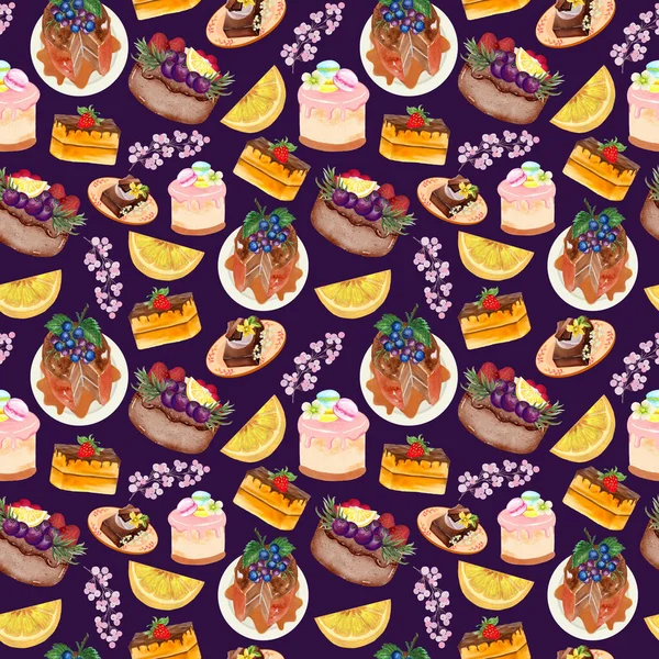 Cupcake Cake  Bread Bakery Dessert on the theme of love valentine\'s day  with Butter Cream and Fruit seamless pattern background
