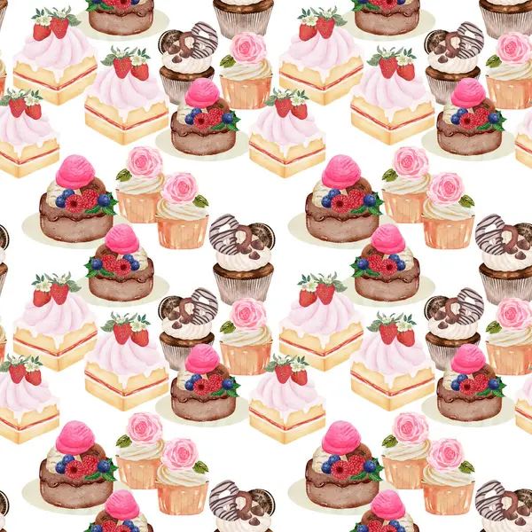 蛋糕烘焙面包甜点主题为爱的情人节与黄油奶油和水果无缝图案背景 — 图库照片