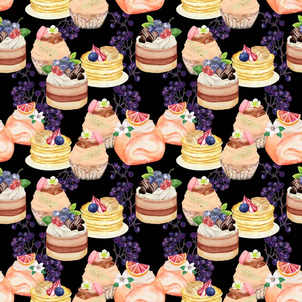 Cupcake Cake  Bread Bakery Dessert on the theme of love valentine\'s day  with Butter Cream and Fruit seamless pattern background