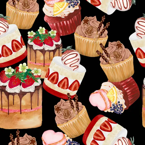 蛋糕烘焙面包甜点主题为爱的情人节与黄油奶油和水果无缝图案背景 — 图库照片