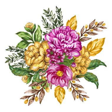 Çiçek desenli suluboya çiçek deseni yeşil yaprak dalların buket koleksiyonunu bırakır. Düğün kırtasiyesi, selamlar, duvar kağıtları, moda, geçmiş.