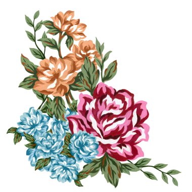 Suluboya klasik çiçek kompozisyonu. Pembe mavi turuncu kahverengi ve buket çiçekleri ve tüyleri beyaz arka plandaki tebrik kartı partisi için izole edilmiş.