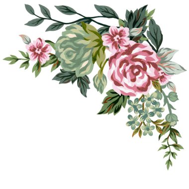 Eski püskü, modası geçmiş gül gouache illüstrasyon buketi botanik selamlama daveti