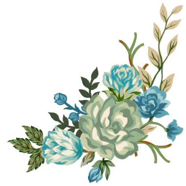 Eski püskü, modası geçmiş gül gouache illüstrasyon buketi botanik selamlama daveti