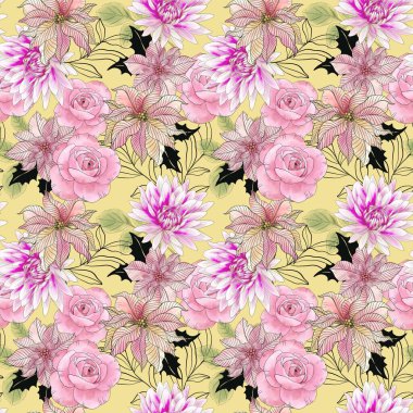 Çizgi sanatı, çiçek açan botanik noktalar, gül, kasımpatı, kamelya açan dijital klima suluboya akvaryum romantik lüks, soyut, soyut, modern,