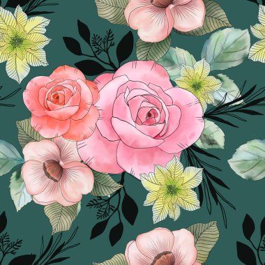 Çizgi sanatı, çiçek açan botanik noktalar, gül, kasımpatı, kamelya açan dijital klima suluboya akvaryum romantik lüks, soyut, soyut, modern,