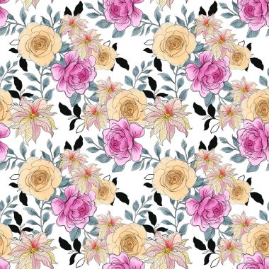 Çizgi sanatı, çiçek açan botanik noktalar, gül, kasımpatı, kamelya açan dijital klima suluboya akvaryum romantik lüks, soyut, soyut, modern,