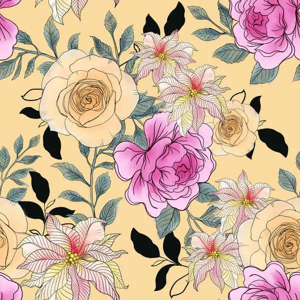 Outline line art Flower blossom botanical poinsettia, rose, chrysanthemum, camellia blooming digital clipart watercolor aquarelle romantic luxury seamless pattern Abstract modern